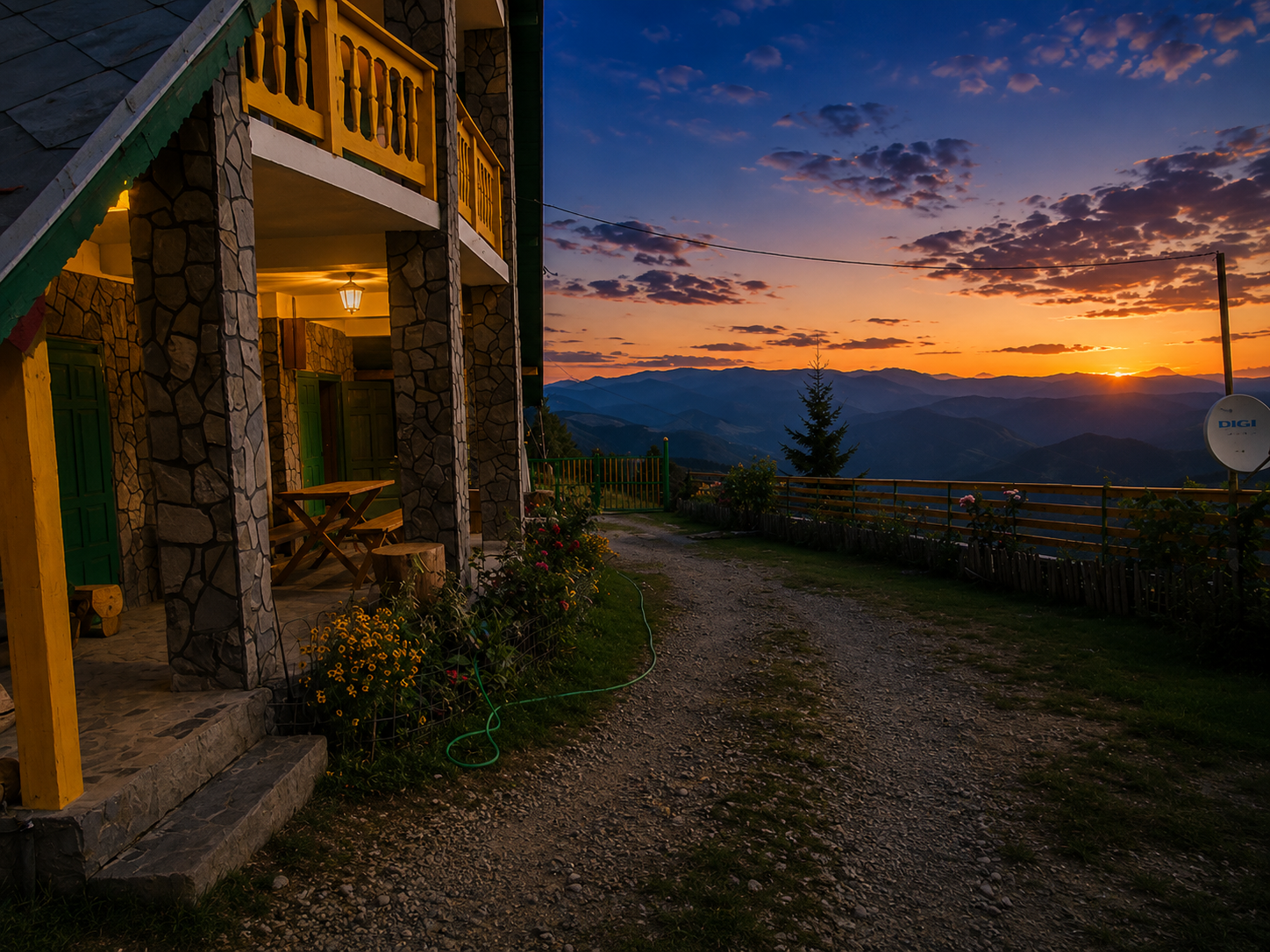 Terasa pensiunii la apus, cu vedere panoramică spre munți